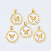 18K Gold Filled Butterfly Shell Pearl Charm Medallion, Gold Filled Mariposa Coin Pendant for Necklace Bracelet Jewelry Making Supply, 22x25mm, CP2018